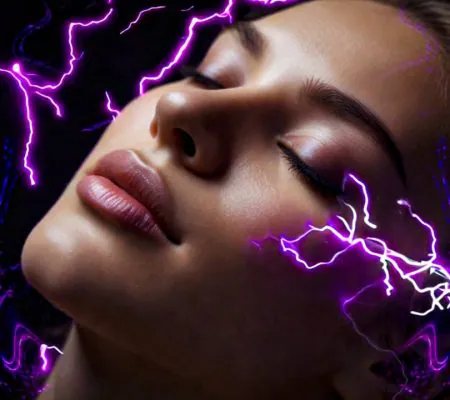 Woman with eyes closed surrounded by purple energy